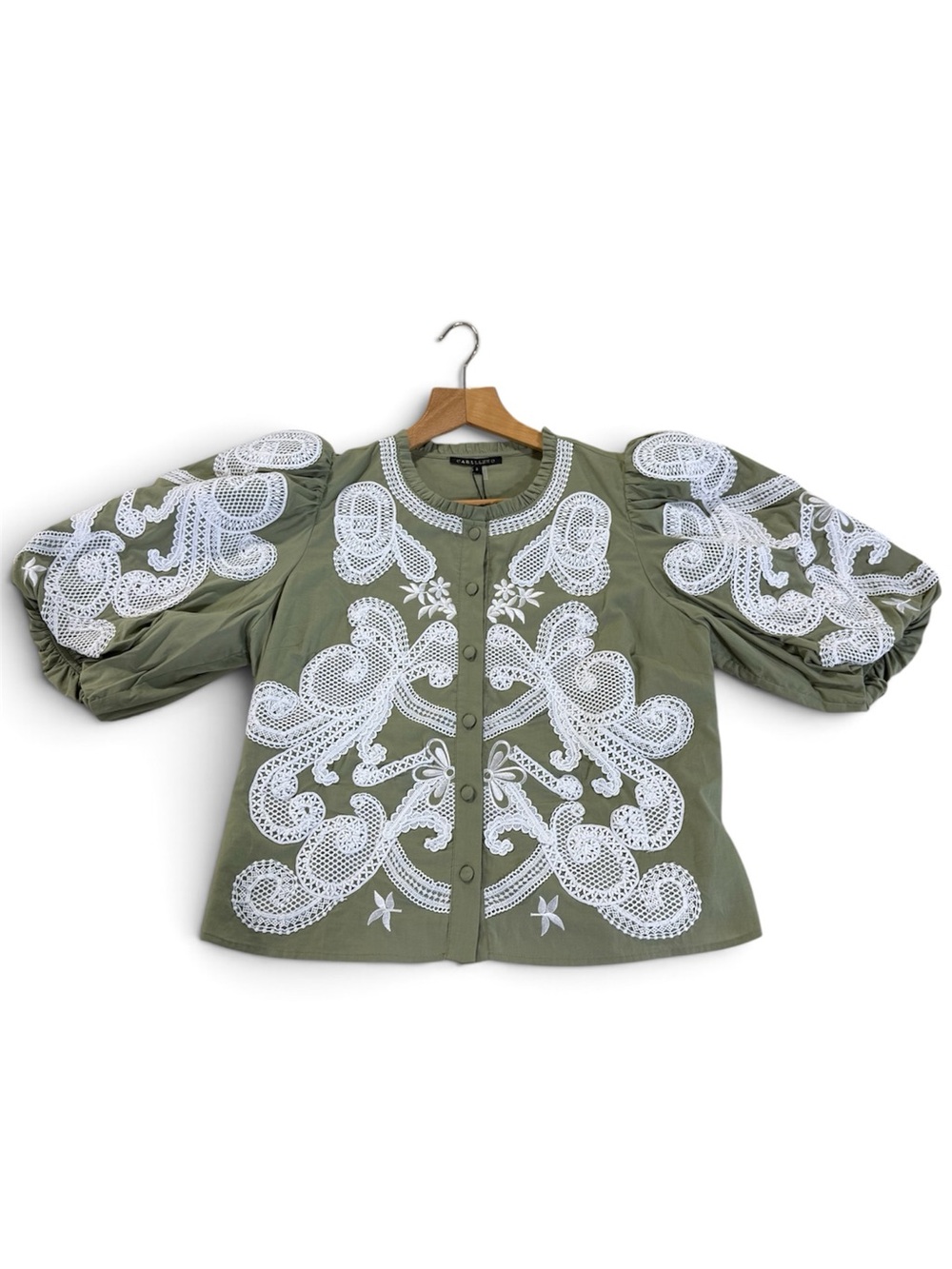 NWT! Caballero Lucia Embroidered Button-Front Blouse in Sage Green